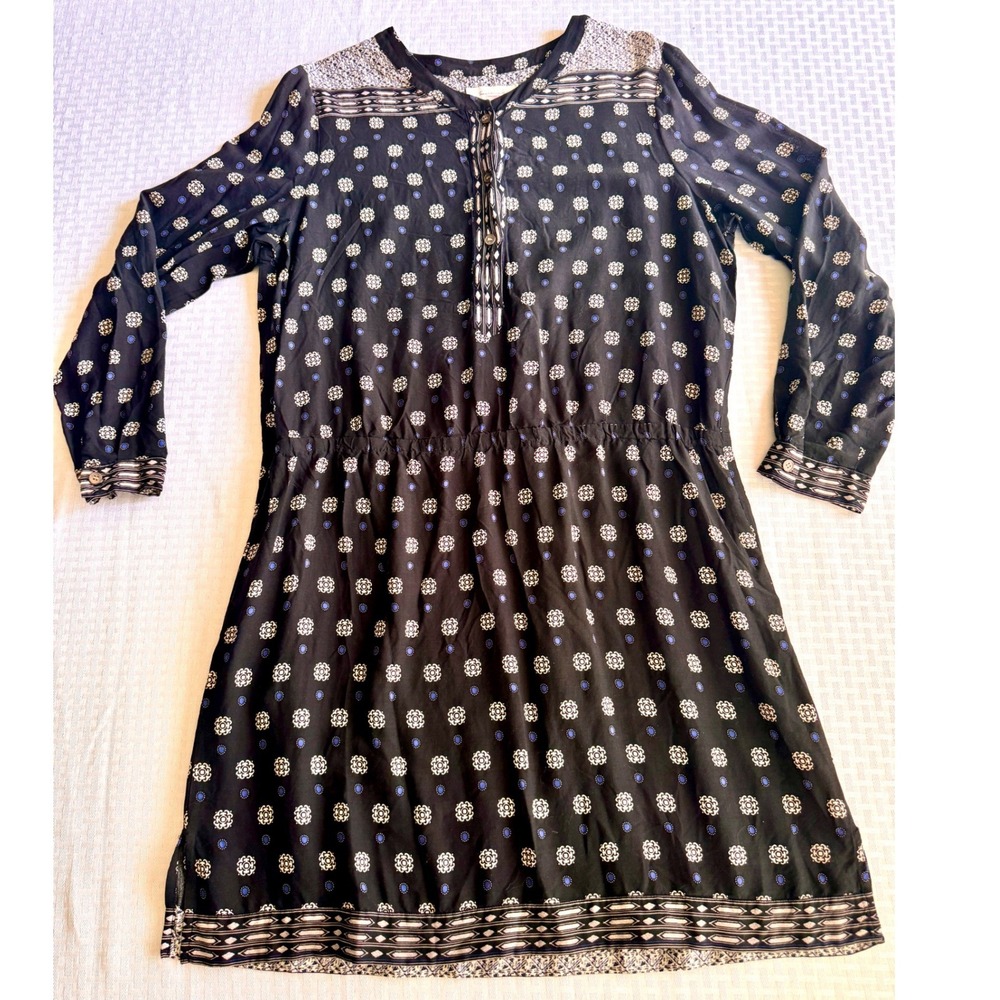 Two by Vince Camuto Boho Medallion Print Long Sleeve Dress Black Blue Large